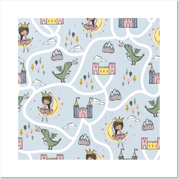 Childish seamless pattern with princess and dragon blue background Wall Art by Arch4Design
